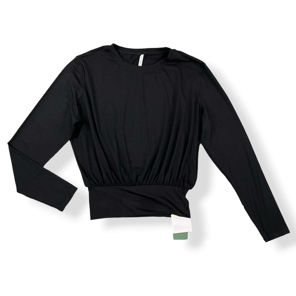 Halara Top Women Large Black‎ Long Sleeve Banded Waist Crewneck NWT